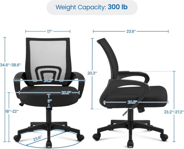Yaheetech Office Chair Mid Back Swivel Lumbar Support Desk Chair, Height Adjustable Computer Ergonomic Mesh Chair with Armrest Black, 2-Pack - Image 3