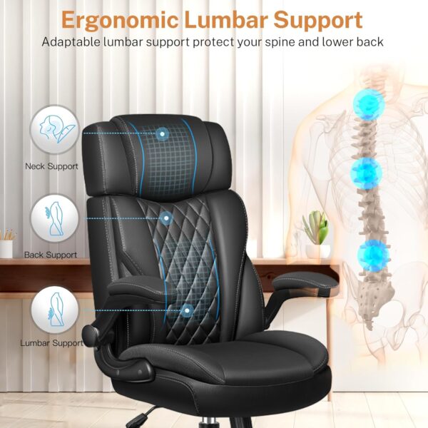 Office Chair Flip Up Arms, Executive Leather Office Chair Ergonomic Desk Chair with Lumbar Support, Adjustable Headrest, Computer Chair Home Office Desk Chair with Rocking Function - Image 5