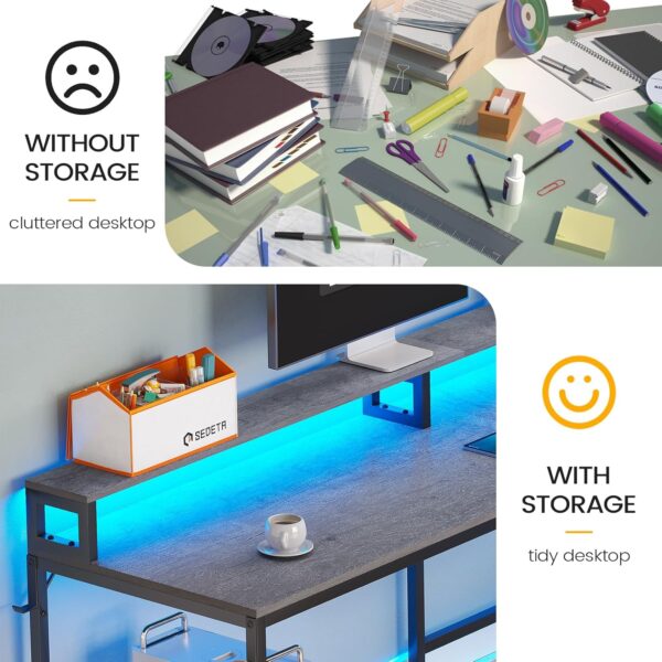 SEDETA L Shaped Office Desk, 66" Home Office Desk with File Drawer & Power Outlet, Gaming Desk with Led Lights, Corner Computer Desk with Monitor Shelf, Printer Storage Shelves, Two Person Desk, Grey - Image 4