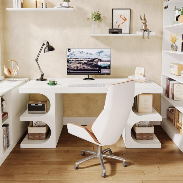 Tribesigns 62" Executive Office Desk, Large Computer Desk with Storage Shelves, Modern Wood Writing Desk Study Table, Workstation Desk Business Furniture for Home Office, White - Image 6