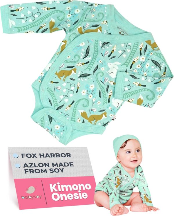Babysoy Organic Baby Newborn Long Sleeve Pattern Kimono Wrap Around Side Snap Bodysuit/Onesie for Unisex Infants