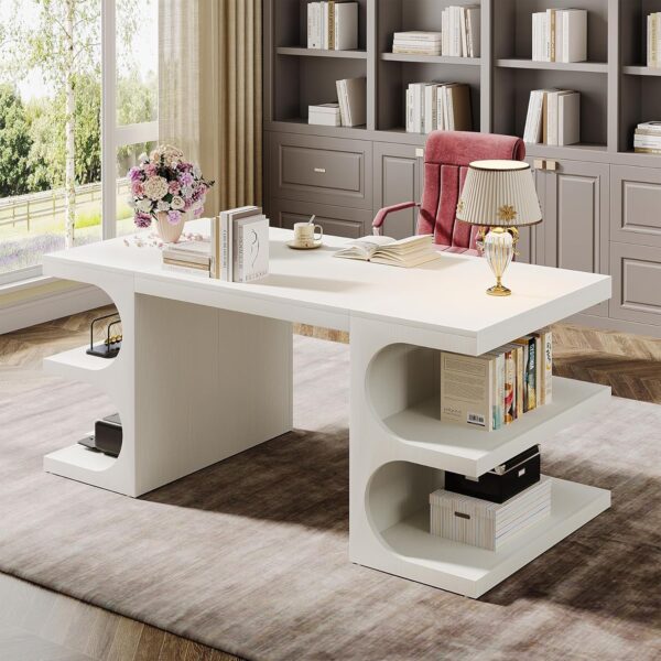 Tribesigns 62" Executive Office Desk, Large Computer Desk with Storage Shelves, Modern Wood Writing Desk Study Table, Workstation Desk Business Furniture for Home Office, White - Image 4