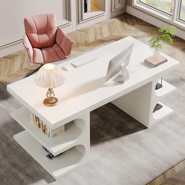 Tribesigns 62" Executive Office Desk, Large Computer Desk with Storage Shelves, Modern Wood Writing Desk Study Table, Workstation Desk Business Furniture for Home Office, White - Image 3