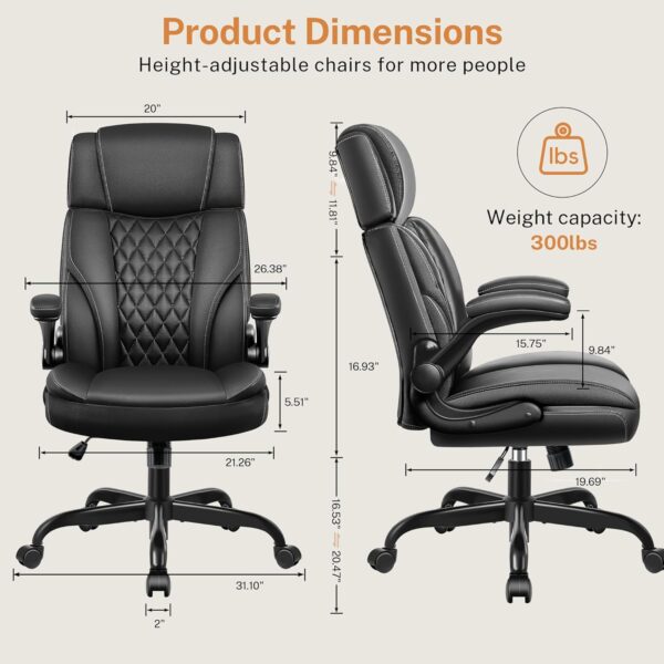 Office Chair Flip Up Arms, Executive Leather Office Chair Ergonomic Desk Chair with Lumbar Support, Adjustable Headrest, Computer Chair Home Office Desk Chair with Rocking Function - Image 3