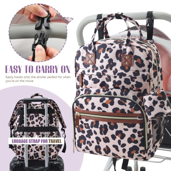 Tuwubi Diaper Bag Backpack, Baby Essentials Travel Tote Bag, Multi function Waterproof Backpacks, Travel Essentials with Stroller Straps & Pacifier Case - Leopard Print - Image 5