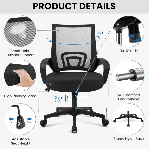 Yaheetech Office Chair Mid Back Swivel Lumbar Support Desk Chair, Height Adjustable Computer Ergonomic Mesh Chair with Armrest Black, 2-Pack - Image 5