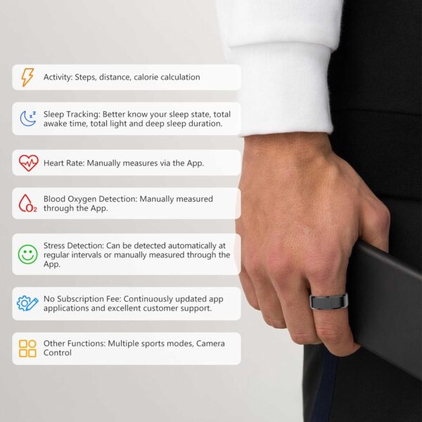 Fitness Tracker Smart Ring, Step Counter for Walking, Heart Rate Blood Oxygen Calorie Sleep Tracker Health Ring, IP68 Waterproof Design, Stainless Steel, 5-7 Days Battery Life - Image 2