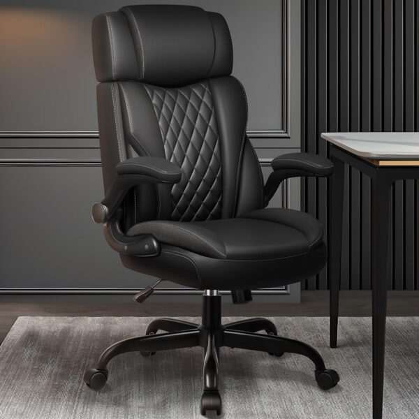 Office Chair Flip Up Arms, Executive Leather Office Chair Ergonomic Desk Chair with Lumbar Support, Adjustable Headrest, Computer Chair Home Office Desk Chair with Rocking Function - Image 2
