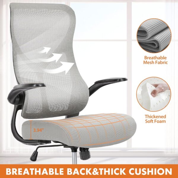 Ergonomic Office Chair, High Back Comfy Desk Chair with Wheels,Swivel Rolling Flip-up Arms Mesh Gaming Chairs for Home,Grey - Image 4