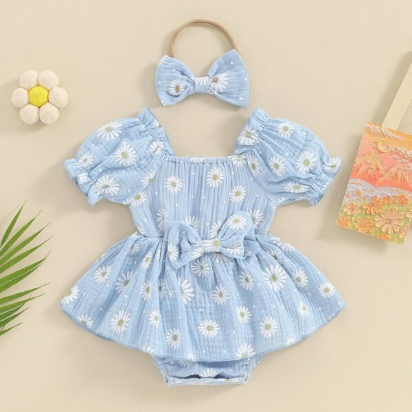 Baby Girls Daisy Romper Bowknot Bodysuit+Headband Short Sleeve Playsuits Floral Jumpsuit Infant Summer Clothes - Image 2