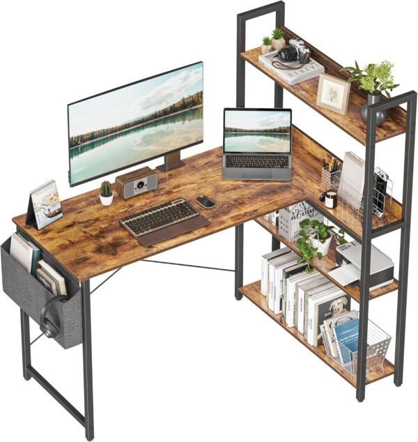 Treesland 47 Inch Computer Desk with Bookshelf, Corner Desk with Storage, L Shaped Desk, Home Office Desks, Writing Study Desk for Bedroom, Brown - Image 7