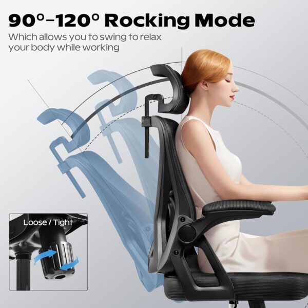 Ergonomic Office Chair, Home Office Desk Chair with Headrest, High Back Mesh Chair with Flip-up Armrests, Comfy Desk Chair with Lumbar Support, Rolling Swivel Task Computer Chair for Home Office - Image 3