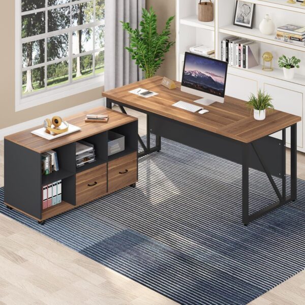 Tribesigns 63 inches Executive Desk and 47" lateral File Cabinet, L-Shaped Computer Desk Home Office Business Furniture with Drawers and Storage Shelves, Office Table,Brown and Black - Image 8