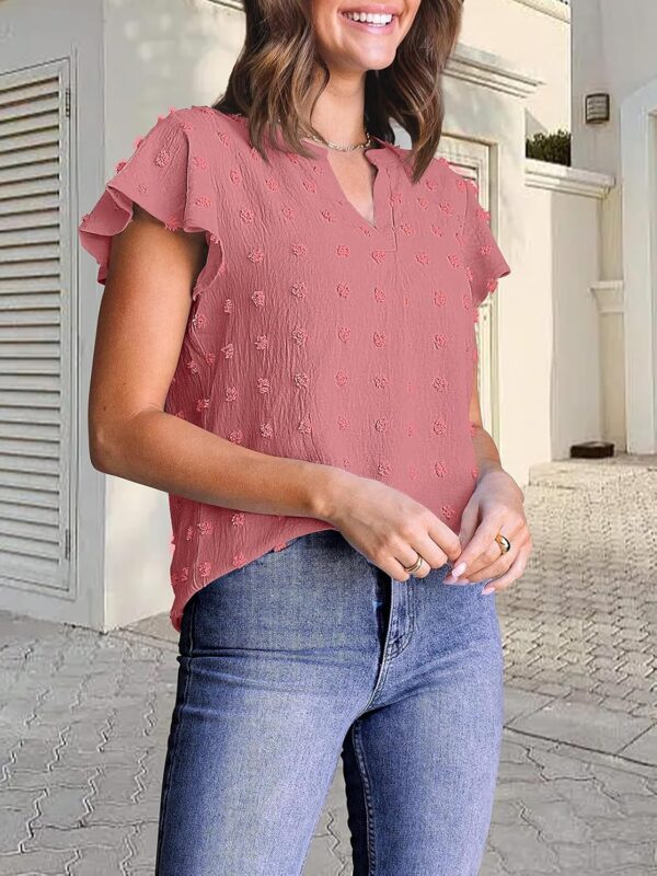MEROKEETY Women 2025 Summer V Neck Ruffle Short Sleeve Blouse Swiss Dot Flowy Shirt Tunic Top - Image 8