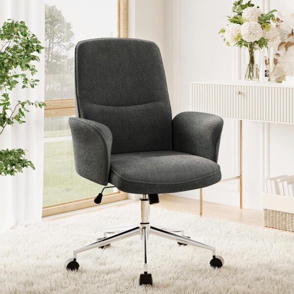 COLAMY Comfy Office Desk, Upholstered Fabric Computer Desk, Criss Cross with Wheels and Armrests, Swivel Adjustable Vanity for Home, Makeup, Office, Bedroom, Darkgrey