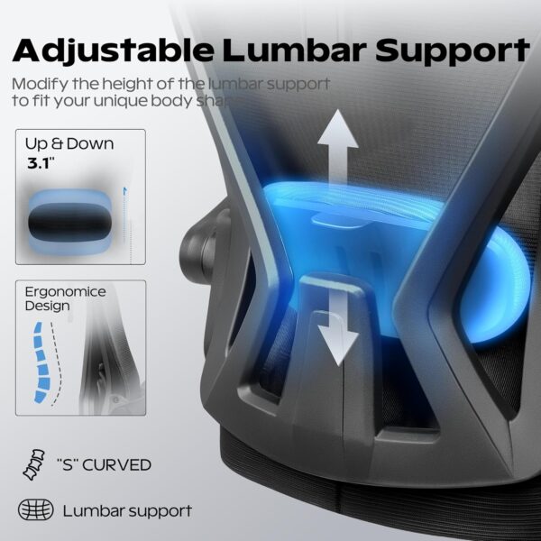 Ergonomic Office Chair, Home Office Desk Chair with Headrest, High Back Mesh Chair with Flip-up Armrests, Comfy Desk Chair with Lumbar Support, Rolling Swivel Task Computer Chair for Home Office - Image 5