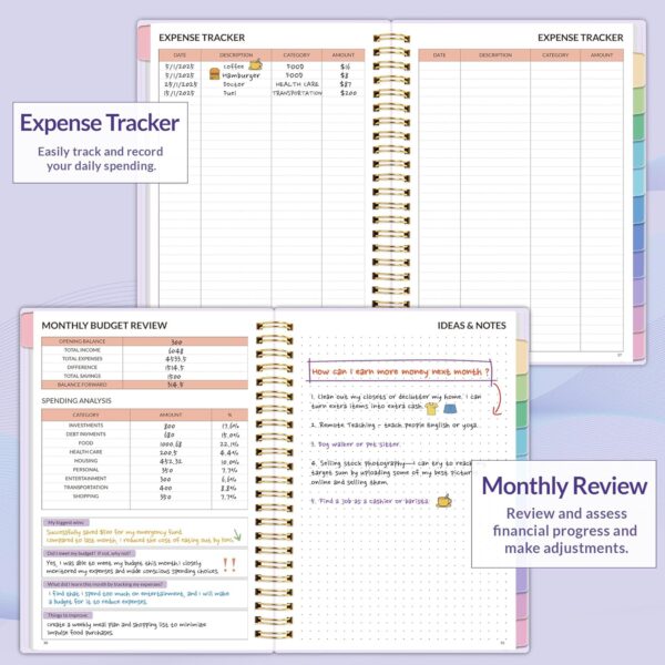 SUNEE Budget Planner - Monthly Budget Book with Expense Tracker Notebook, Undated 12 Month Bill Organizer & Finance Planner to Manage Your Money, A5(6.4" x 8.3") Account Book with Colorful Tab, Purple - Image 4