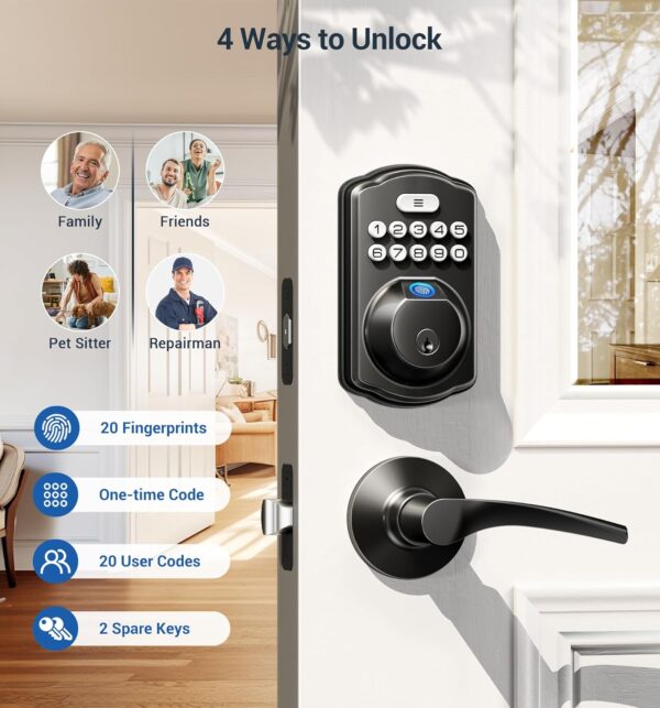 Veise Fingerprint Door Lock with 2 Lever Handles - Keyless Entry Door Lock, Electronic Keypad Deadbolt, Digital Smart Code & Front Handle Sets, Auto-Locking, Easy Installation, Matte Black - Image 3