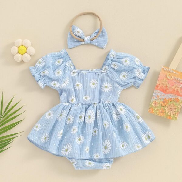 Baby Girls Daisy Romper Bowknot Bodysuit+Headband Short Sleeve Playsuits Floral Jumpsuit Infant Summer Clothes - Image 3