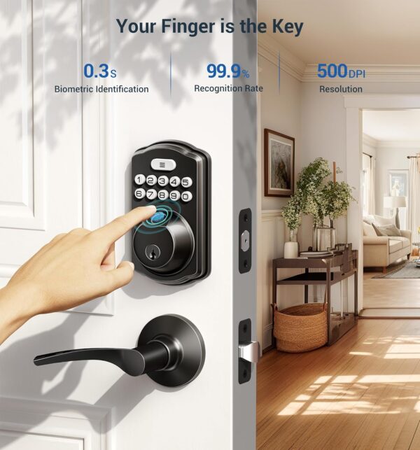 Veise Fingerprint Door Lock with 2 Lever Handles - Keyless Entry Door Lock, Electronic Keypad Deadbolt, Digital Smart Code & Front Handle Sets, Auto-Locking, Easy Installation, Matte Black - Image 2
