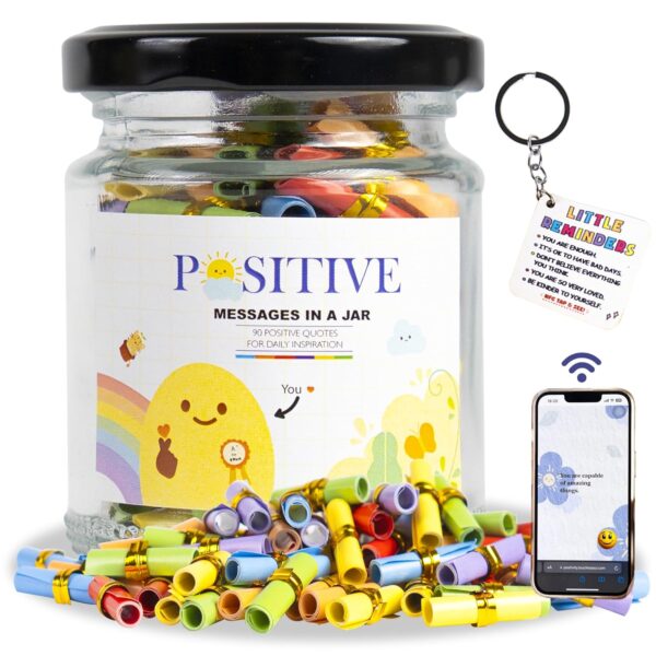 90 Positive Messages in a Jar with NFC Keychain, Mothers Day Gifts, Self Care Gifts for Women, Positive Affirmation Gift, Anxiety Relief, Graduation Gifts, Birthday Gifts for Women