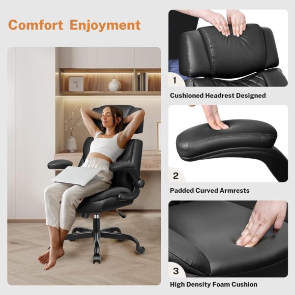Office Chair Flip Up Arms, Executive Leather Office Chair Ergonomic Desk Chair with Lumbar Support, Adjustable Headrest, Computer Chair Home Office Desk Chair with Rocking Function - Image 4