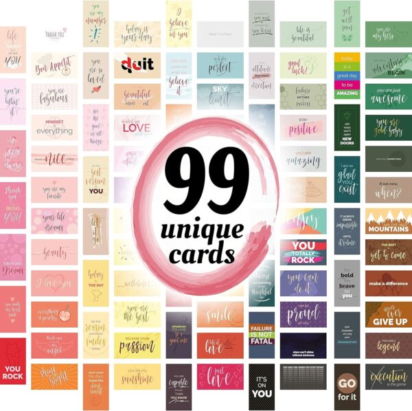 99 Unique Motivational Cards (2" X 3.5") - Inspirational, Gratitude, Appreciation, Kindness & Mini Thank You Cards for Vision Board