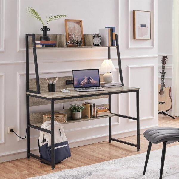 Yaheetech Home Office 47 Inch Writing Desk with Power Outlets and 2 USB Charging Ports for Studying, Gaming Table Computer Desk with Hutch and Bookshelf, Metal Frame Workstation for Office, Gray - Image 4