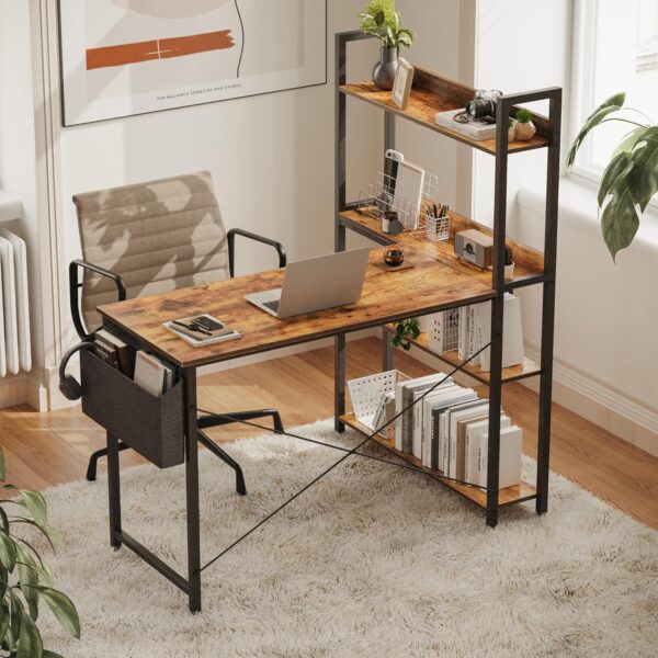 Treesland 47 Inch Computer Desk with Bookshelf, Corner Desk with Storage, L Shaped Desk, Home Office Desks, Writing Study Desk for Bedroom, Brown - Image 3