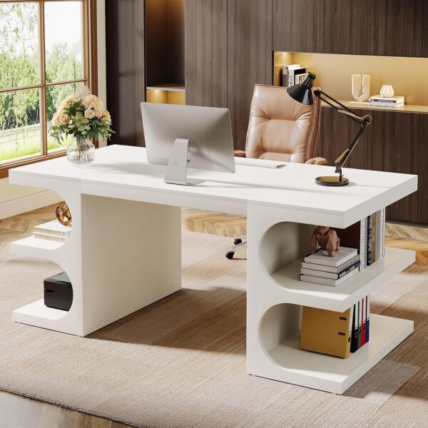 Tribesigns 62" Executive Office Desk, Large Computer Desk with Storage Shelves, Modern Wood Writing Desk Study Table, Workstation Desk Business Furniture for Home Office, White