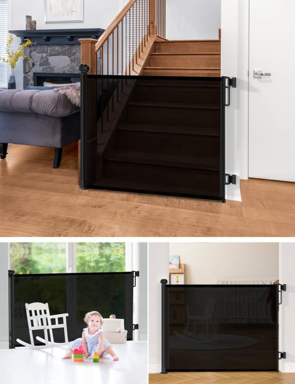34'' Tall 71'' Wide Retractable Baby Gates for Doorways, Stairs, Hallways, Indoor/Outdoor, Durable Mesh Dog/Pet Gate, Child Safety Retractable Gate (Black) - Image 6