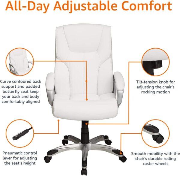 Amazon Basics Executive Home Office Desk Chair with Padded Armrests, Adjustable Height and Tilt, Rolling Swivel Chair, 275 Pound Capacity, White and Pewter - Image 6