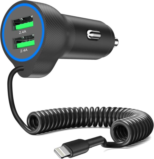 [Apple MFi Certified] USB Car Charger Plug, Aymla Dual Port Coiled Cord Auto Cigarette Lighter Adapter with 5FT Coiled Lightning Cable for iPhone 14 Pro Max/14 Plus/14/13 Pro/13 Mini/12/11/XS/XR/8