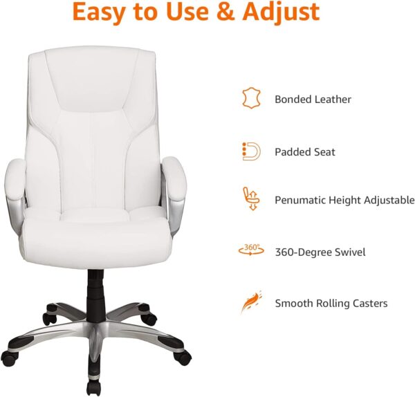 Amazon Basics Executive Home Office Desk Chair with Padded Armrests, Adjustable Height and Tilt, Rolling Swivel Chair, 275 Pound Capacity, White and Pewter - Image 4