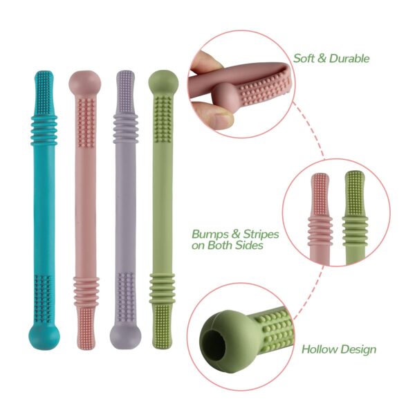 Fu Store Hollow Teether Tube Chew Straw Sensory Toy for Infant Toddlers Silicone Tubes Teething Toys for Babies 3-12 Months 0-36 Months Gifts Learning Developmental Toys BPA Free Freezable 6 Pack - Image 4