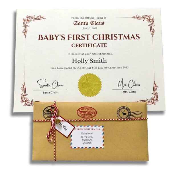 Personalized Vintage Baby's First Christmas Letter & Nice List Certificate from Santa Father Christmas - Ivory Card & Kraft Envelope - Unique Baby Christmas Gift Idea