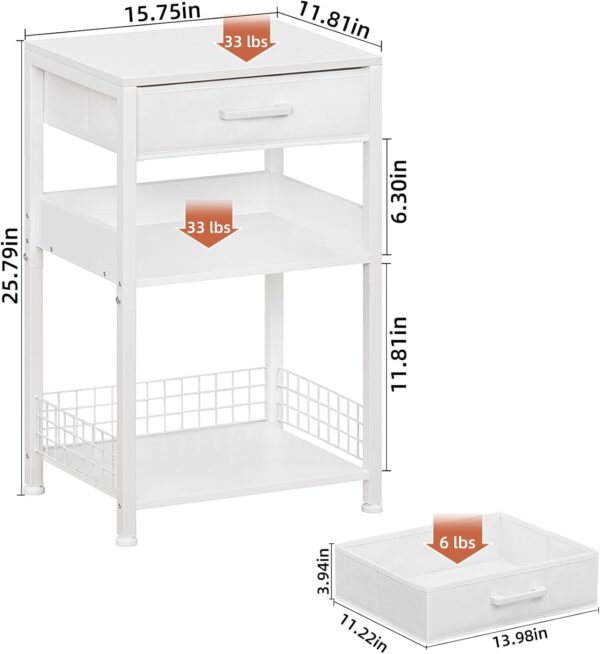 Lerliuo White Printer Stand with Fabric Drawer, 3 Tier Industrial Side Table, Modern Small Printer Desk Holder with Storage Shelf,Multi-Functional Bedside Tables for Home Office Fax Machine Scanner - Image 3