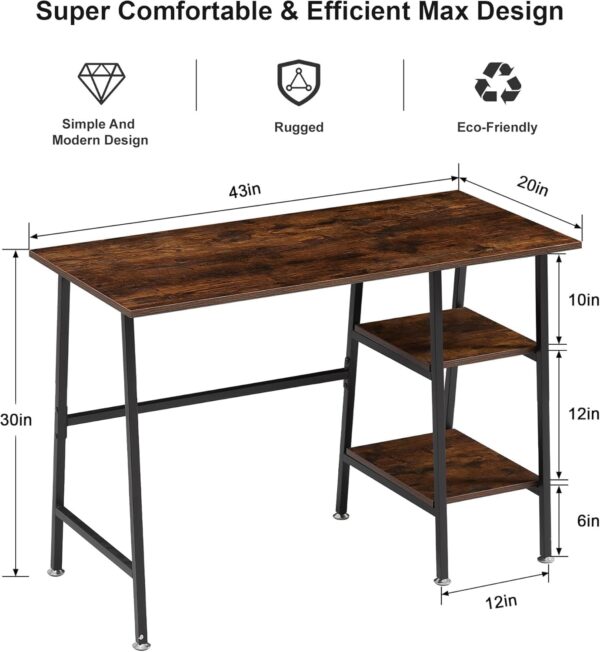 VECELO 43 Inch Computer Desk Writing Study Work Office Table Modern Desk with Shelves Wooden Desk for Home Bedroom,Walnut Desk - Image 2