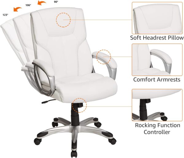 Amazon Basics Executive Home Office Desk Chair with Padded Armrests, Adjustable Height and Tilt, Rolling Swivel Chair, 275 Pound Capacity, White and Pewter - Image 5