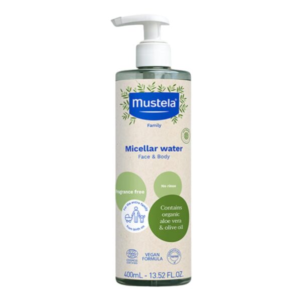 Mustela Certified Organic Micellar Cleansing Water -No-Rinse Natural Water Cleanser w/ Olive Oil & Aloe Vera - For Baby, Kid & Adult - Fragrance Free, EWG Verified & Vegan -13.5 oz-Packaging may vary
