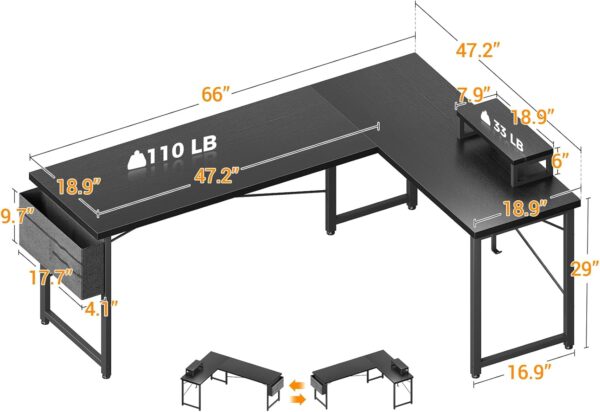 ODK L Shaped Desk, 66" Computer Corner Desk, Gaming Desk, Home Office Writing Desk with Monitor Shelf, Space-Saving Workstation Desk, Modern Simple Wooden Table, Easy to Assemble, Black - Image 3
