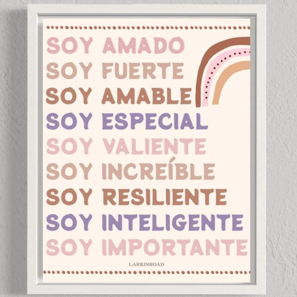 LARKINROAD Spanish Classroom Decor Positive Affirmations Wall Art (11 x 14 Unframed) Playroom, Boho Wall Art Inspirational Positive Quotes Spanish Quotes Kids Bedroom, Nursery Decor