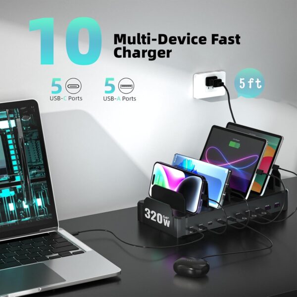 320W Charging Station for Multiple Devices, Zobirez 10-Port USB C Fast Charger Stations for MacBook, iPhone, Android Cell Phone, iPad, Tablet, Family Multi-Device Organizer Charging Dock, Black - Image 6