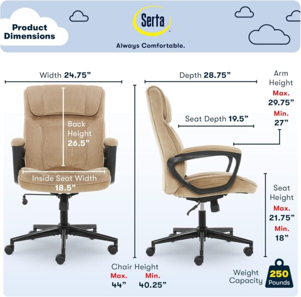 Serta Hannah Executive Home Office Desk Chair, Ergonomic Mid-Back with Lumbar Support, Firm Seat Cushion, Layered Body Pillows, Padded Armrests, Swivel Base, Easy Assembly, Microfiber, Beige - Image 3
