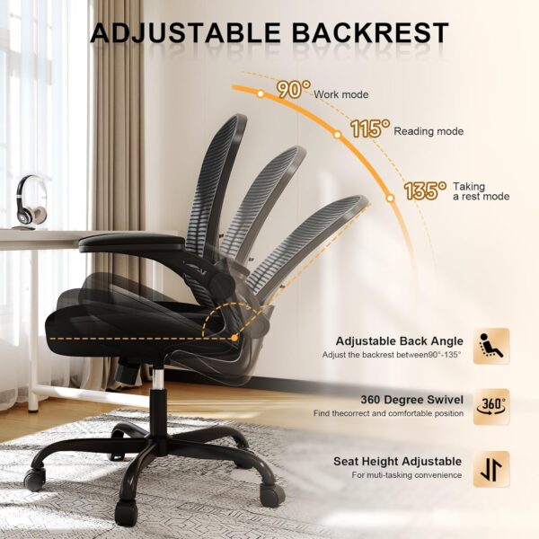 Office Chair, Ergonomic Desk Chairs 330LBS Capacity High Back Mesh Computer Chair with Flip-up Armrests, Comfy Work with Adjustable Lumbar Support, Rolling Swivel Executive Task Chair Black - Image 8
