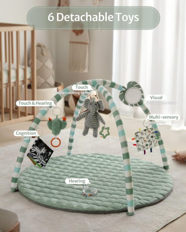 Blissful Diary Baby Play Gym Mat, Tummy Time Mat with 6 Detachable Toys for Stage-Based Sensory & Motor Skill Development, Baby Activity Mat Easy to Install & Clean, Baby Essentials Gift, Sage Green - Image 3