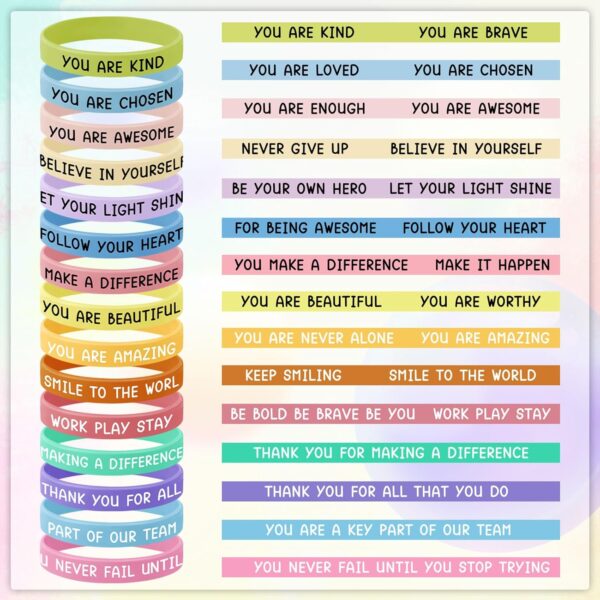 JUNEBRUSHS 120pcs Motivational Silicone Bracelets Bulk Colored Inspirational Rubber Wristbands for Student Back to School Classroom Birthday Party Favor Graduation Gifts Supplies (15 Designs) - Image 3