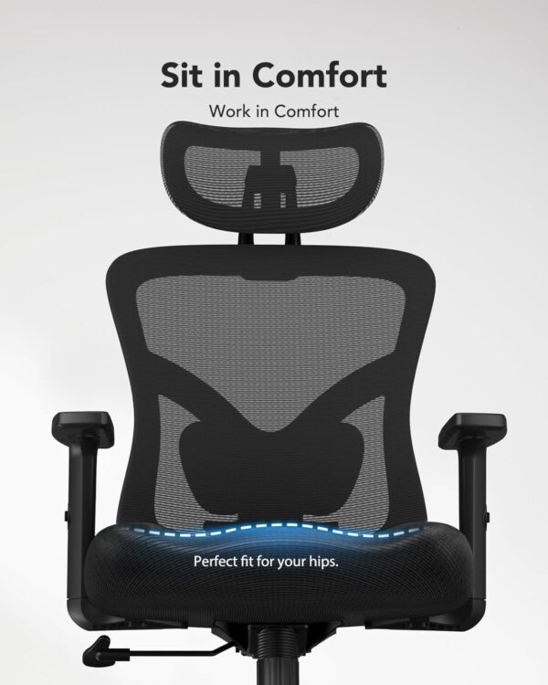 HUANUO Ergonomic Office Chair, High Back Mesh Chair for Big and Tall People with Lumbar Support, Adjustable Headrest and Armrest, Thick Cushion & Tilt Function Recliner for Home Office Black - Image 5