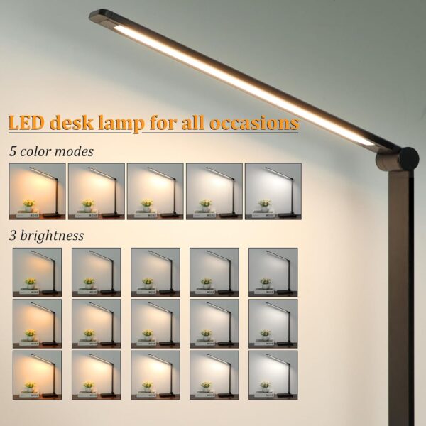 LED Desk Lamp with USB Ports,Touch Desk Lamps for Home Office with 5 Color Modes,3 Brightness Desk Light with Small Night Light,Reading Lamp Table Lamp for Bedroom Bedside Study Black （with adapter） - Image 2