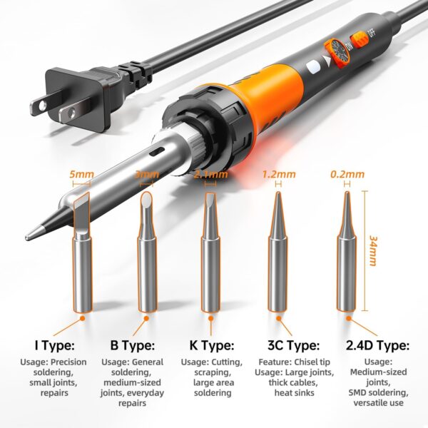 60W Adjustable Temperature Soldering Iron Kit - 9-in-1 With 5 Tips, Solder Wire Stand for Soldering and Repair - Image 4
